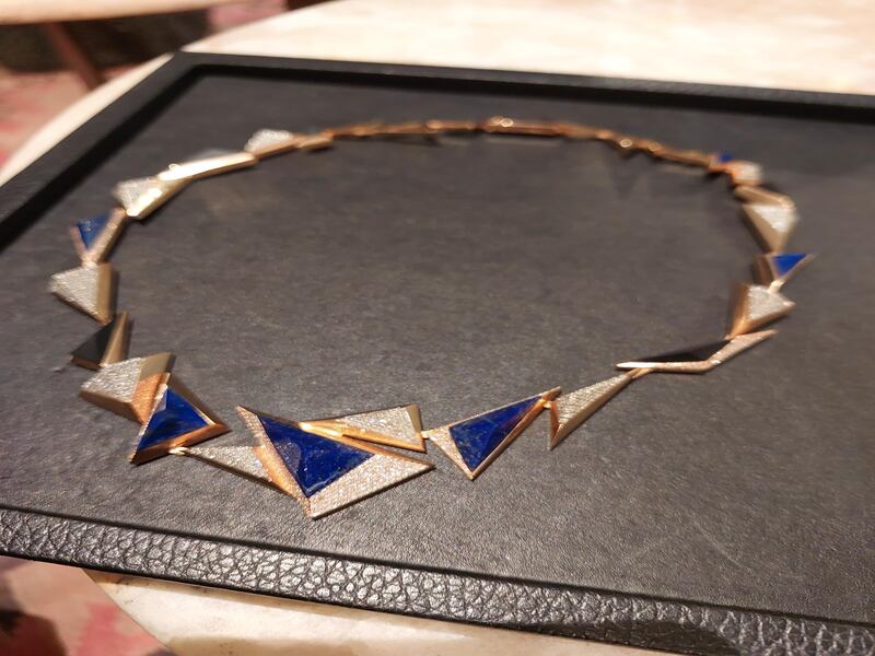 High-end jewellery house Terzihan unveiled its latest creation during fashion week, a one-of-a-kind reticulated necklace in rose gold, diamonds, lapis and matt onyx.