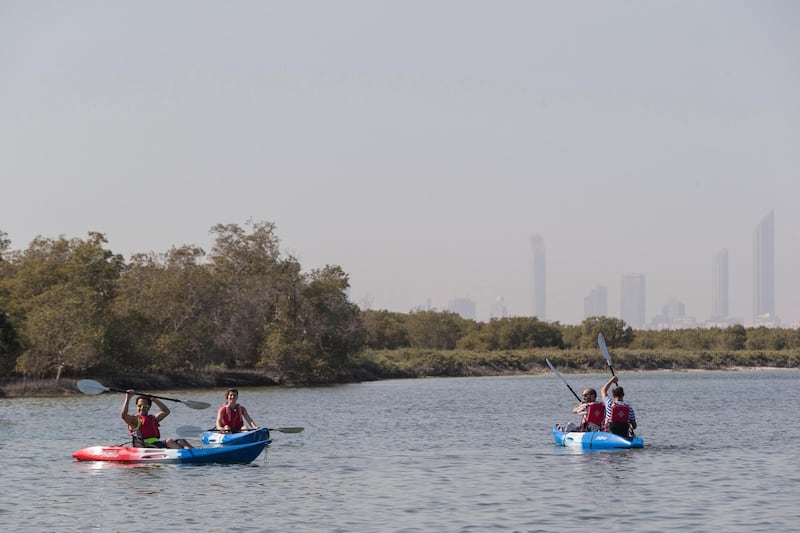 ABU DHABI, UNITED ARAB EMIRATES, 19 JANUARY 2016. Harvard graduate students on a visit to the UAE is taken for a Kayak trip by the Enviroment Agency along the Eastern Mangroves in Abu Dhabi. Patricia Florescu, Adil Ababou (front), Ala Qasem(Rear) in the twin kayak and Joel Smoot (Red, white and blue kayak) paddle during the visit. (Photo: Antonie Robertson/The National) ID: 86405. Journalist: None. Section: National. *** Local Caption ***  AR_1901_Harvard_Mangrove-05.JPG