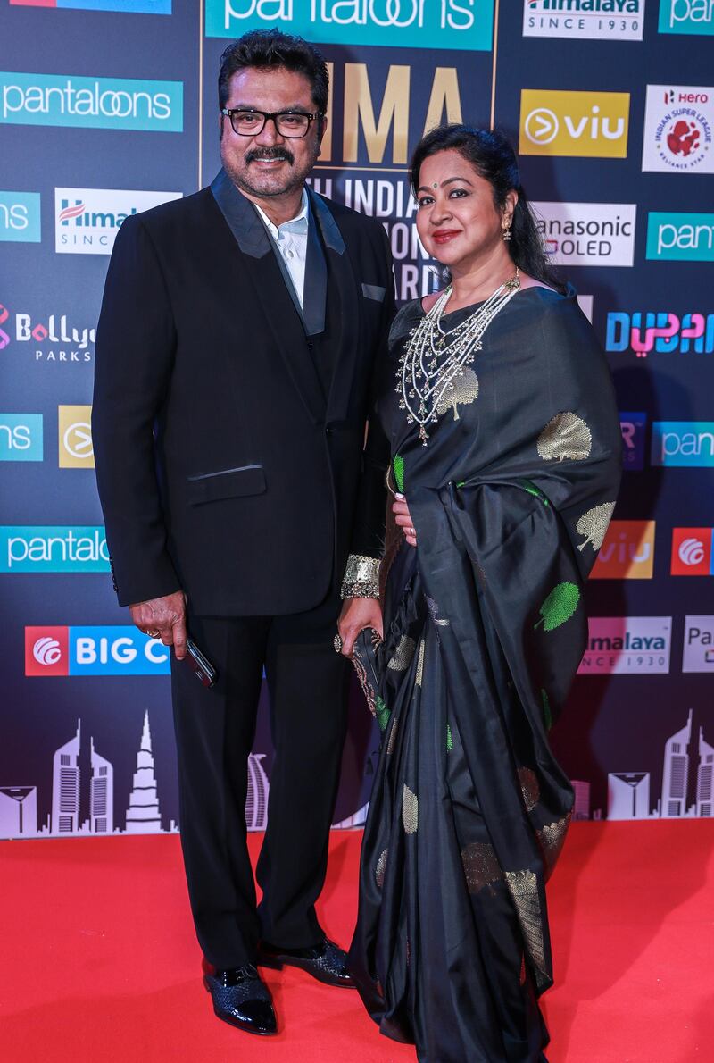 Dubai, United Arab Emirates, September 15, 2018.  SIIMA Day 2 Red Carpet. --- Sarath and Radhika Kumar.
Victor Besa/The National
Section:  AC
Reporter:  Felicity Campbell
