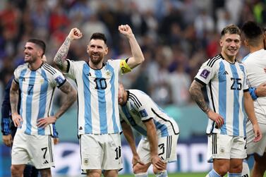 AL KHOR, QATAR - DECEMBER 14:  Lionel Messi of Argentina celebrates the team's 3-0 victory in the FIFA World Cup Qatar 2022 semi final match between France and Morocco at Al Bayt Stadium on December 14, 2022 in Al Khor, Qatar. (Photo by Clive Brunskill / Getty Images)