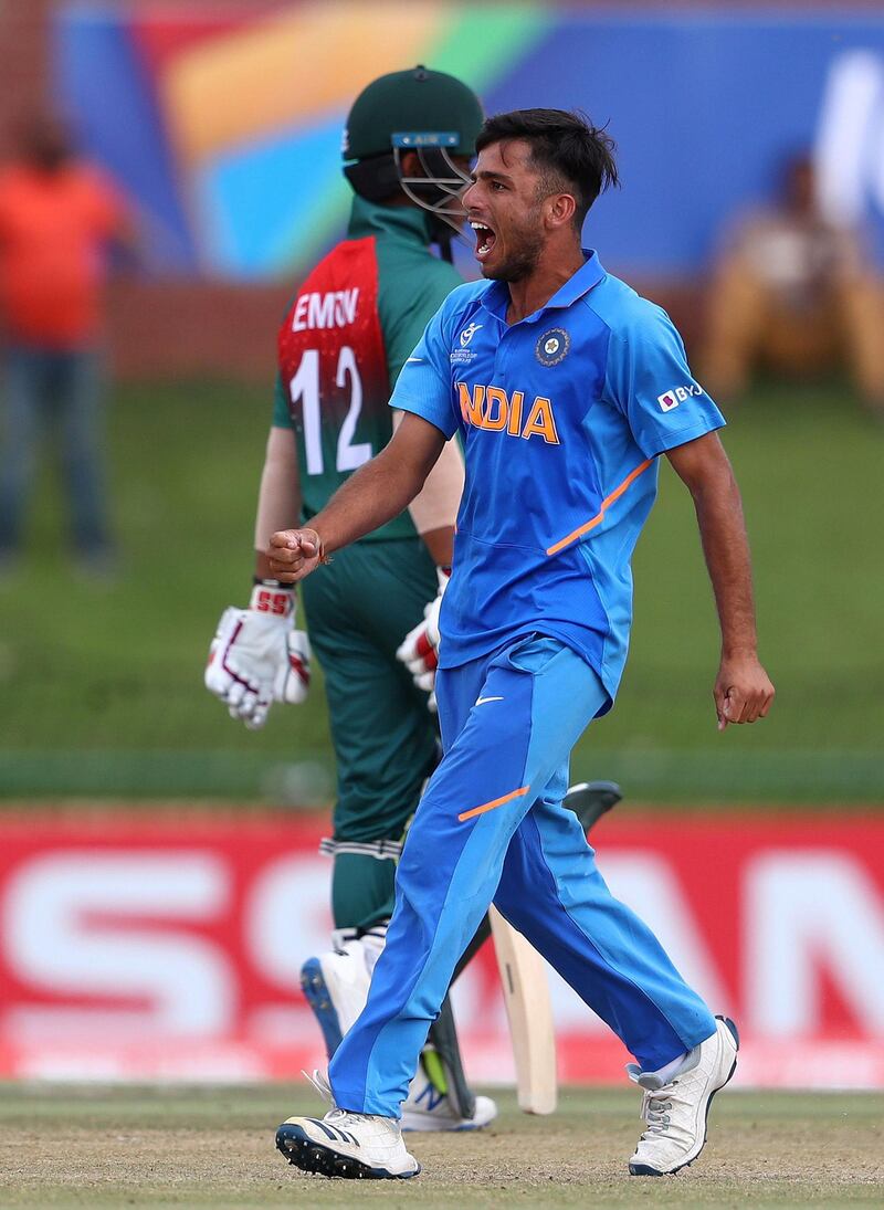 Ravi Bishnoi of India celebrates the wicket of Mohammad Parvez Hossain Emon of Bangladesh during the ICC U19 Cricket World Cup Super League Final match between India and Bangladesh at JB Marks Oval on February 09, 2020 in Potchefstroom, South Africa. Courtesy: ICC