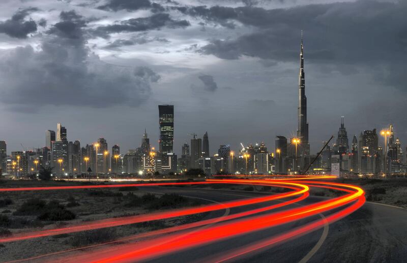 DUBAI,UAE - APRIL 28: (EDITORS NOTE: Shot with long exposure) A general view of the skyline of Dubai��� on April 28, 2016 in Dubai,United Arab Emirates. (Photo by Zohaib Anjum/Getty Images)
