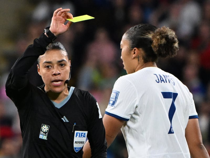 England's Lauren James is sent off after being shown a second yellow card by referee Melissa Borjas. Reuters