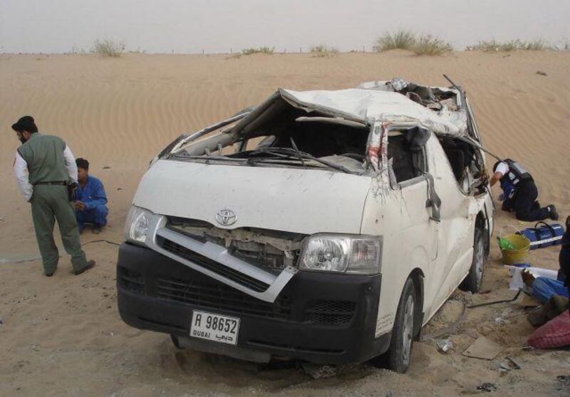 Two people were killed and 10 injured in a minibus crash near Dubai's Academic City in March.