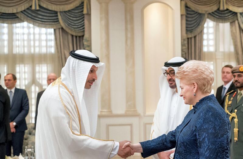 ABU DHABI, UNITED ARAB EMIRATES - October 31, 2017: HE Dalia Grybauskait President of Lithuania (R), greets HE Khaldoon Khalifa Al Mubarak, CEO and Managing Director Mubadala, Chairman of the Abu Dhabi Executive Affairs Authority and Abu Dhabi Executive Council Member (L), during a reception at Mushrif Palace. Seen with HH Sheikh Mohamed bin Zayed Al Nahyan, Crown Prince of Abu Dhabi and Deputy Supreme Commander of the UAE Armed Forces (2nd R).


( Rashed Al Mansoori / Crown Prince Court - Abu Dhabi )
---