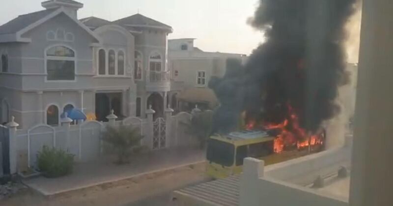 Video posted by 'Al Ittihad' newspaper shows flames engulfing the vehicle in Kalba. Courtesy Al Ittihad