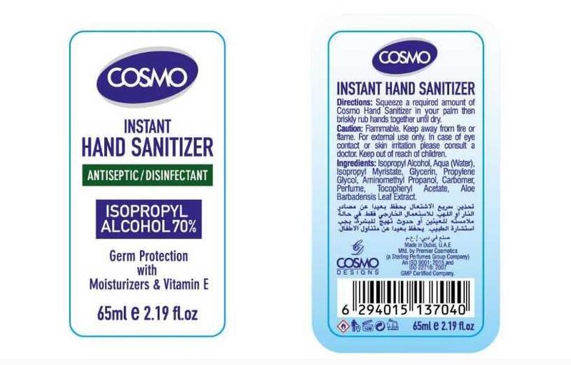 Cosmo was one of the four hand sanitisers that has been taken off supermarket shelves. Courtesy Dubai Municipality
