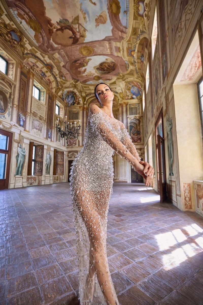 A hand-beaded dress with crystal drops from the 2023 couture collection