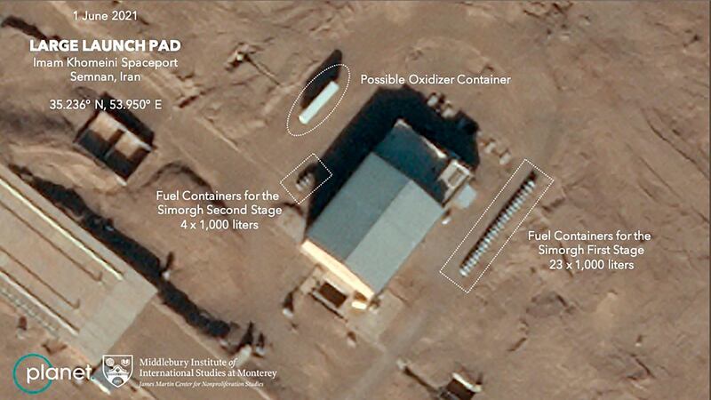 What appear to be fuel containers for the first and second stages of the Simorgh launch are shown in this picture by Planet Labs. Annotation courtesy of the James Martin Centre for Nonproliferation Studies. AP