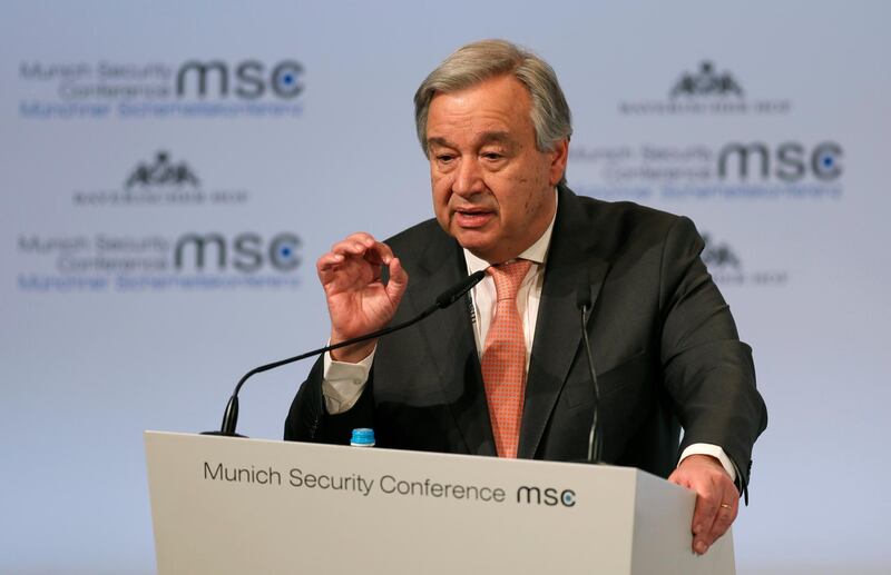 epa06533177 UN Secretary-General Antonio Guterres speaks during the 54th Munich Security Conference (MSC), in Munich, Germany, 16 February 2018. In their annual meeting, politicians and various experts and guests from around the world discuss issues surrounding global security from February 16 to 18.  EPA/RONALD WITTEK