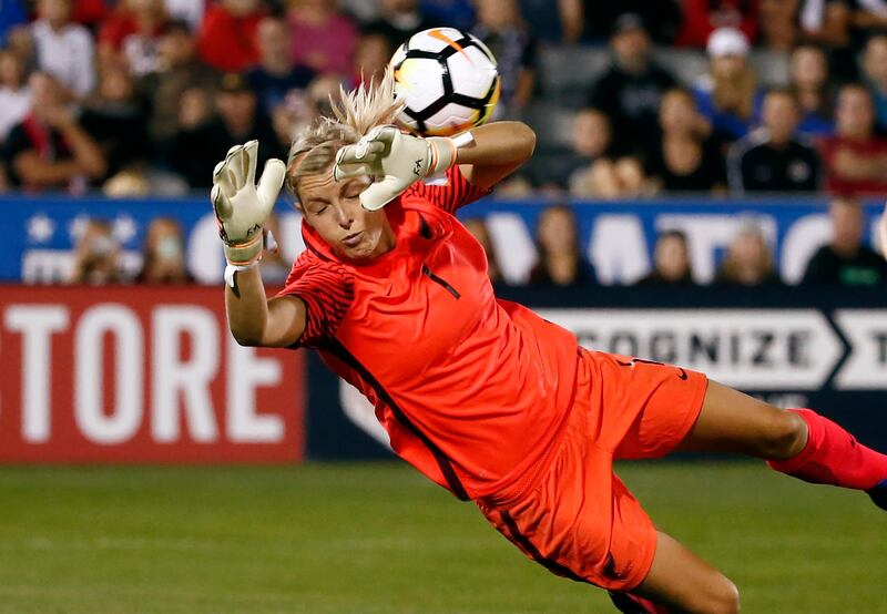 New Zealand goalkeeper Erin Nayler misses a block, allowing the United States to score a goal during the first half of an international friendly soccer match in Commerce City, Colorado. Jack Dempsey / AP Photo.