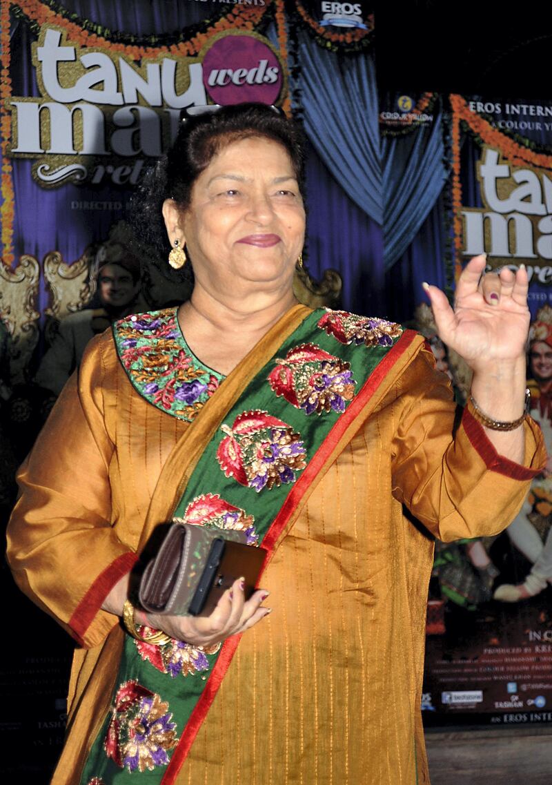 Indian Bollywood choreographer Saroj Khan poses for a photograph during a promotional event for the Hindi film 'Tanu Weds Manu Returns' in Mumbai on late June 9, 2015. AFP PHOTO / STR (Photo by STRDEL / AFP)