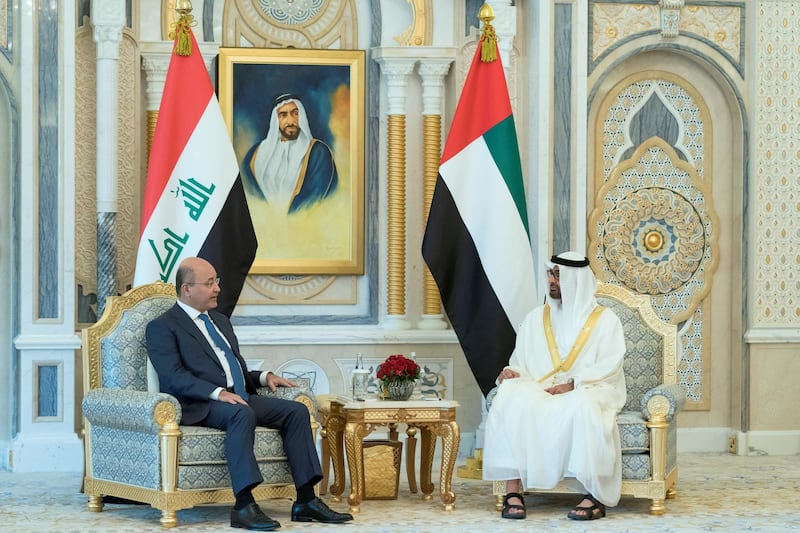ABU DHABI, UNITED ARAB EMIRATES - November 12, 2018: HH Sheikh Mohamed bin Zayed Al Nahyan Crown Prince of Abu Dhabi Deputy Supreme Commander of the UAE Armed Forces (R), meets with HE Dr Barham Salih, President of Iraq (L), at the Presidential Palace.

( Mohamed Al Hammadi / Ministry of Presidential Affairs )
---