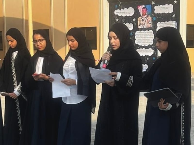 Naila Saif Al Neyadi, second from left, participates in her school's morning assembly, which celebrated Dr Al Neyadi space mission. Photo: Naila Saif Al Neyadi