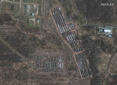 A satellite image taken on November 1 shows armoured units and support equipment near the town of Yelnya, Russia. AFP 