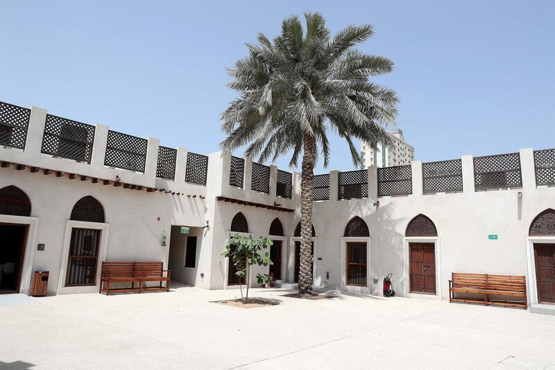 SHARJAH , UNITED ARAB EMIRATES , APRIL 24  – 2018 :- View of the Bait Al Naboodah which was built around 1845 is one of the Sharjah’s most stunning heritage buildings. Once the home of Obaid Al Naboodah , one of Sharjah’s most successful pearl merchants, the grand two storey building has undergone extensive renovation to return it to its former glory in the heart of old Sharjah. ( Pawan Singh / The National ) For Arts & Life. Story by Melissa Gronlund 