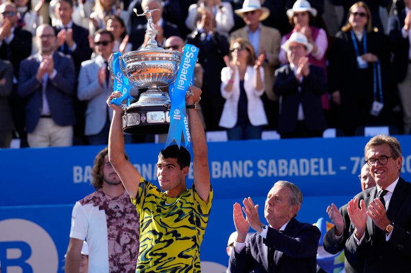 Carlos Alcaraz after beating Stefanos Tsitsipas in the final of the Barcelona Open, on April 23, 2023. EPA