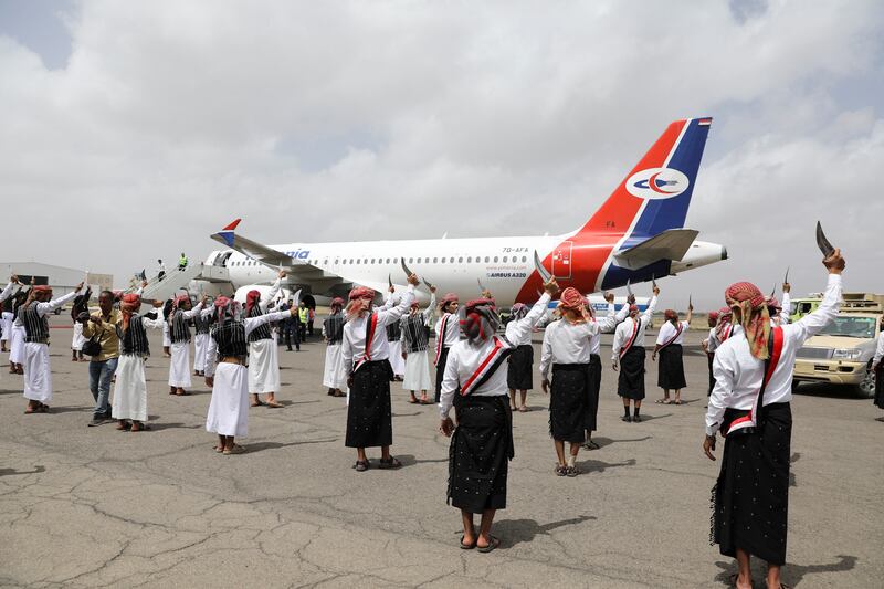 The ceremonial Baraa dance was performed for freed prisoners at Sanaa Airport. Reuters
