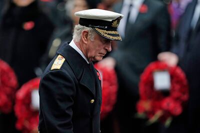 Prince Charles lays a wreath during the Remembrance Sunday service at the Cenotaph, in Whitehall. AP Photo