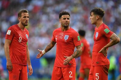 SAMARA, RUSSIA - JULY 07:  Harry Kane and Kyle Walker of England look on during the 2018 FIFA World Cup Russia Quarter Final match between Sweden and England at Samara Arena on July 7, 2018 in Samara, Russia.  (Photo by Matthias Hangst/Getty Images)