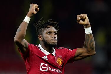 Fred of Manchester United celebrates after winning the English Premier League soccer match between Manchester United and Tottenham Hotspur in Manchester, Britain, 19 October 2022.   EPA/Andrew Yates EDITORIAL USE ONLY.  No use with unauthorized audio, video, data, fixture lists, club/league logos or 'live' services.  Online in-match use limited to 120 images, no video emulation.  No use in betting, games or single club / league / player publications