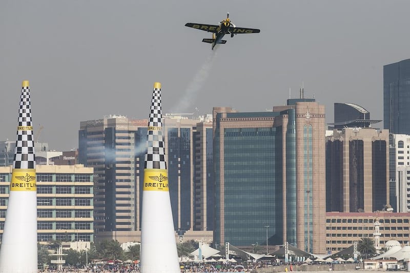 Francois Le Vot, a decorated French air force fighter pilot and former aerobatics champion, takes the Breitling Racing Team plane through its paces during qualifying. Mona Al Marzooqi/ The National
