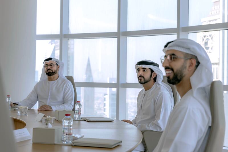 Sheikh Hamdan bin Mohammed (C) chaired the first meeting of the Higher Committee of Future Technology Development and Digital Economy. Wam
