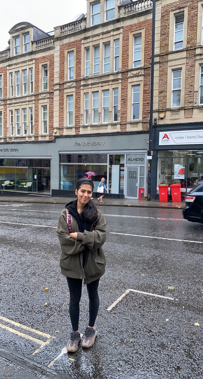 Fuzeya Ahmad outside her student accommodation in Bristol, UK.