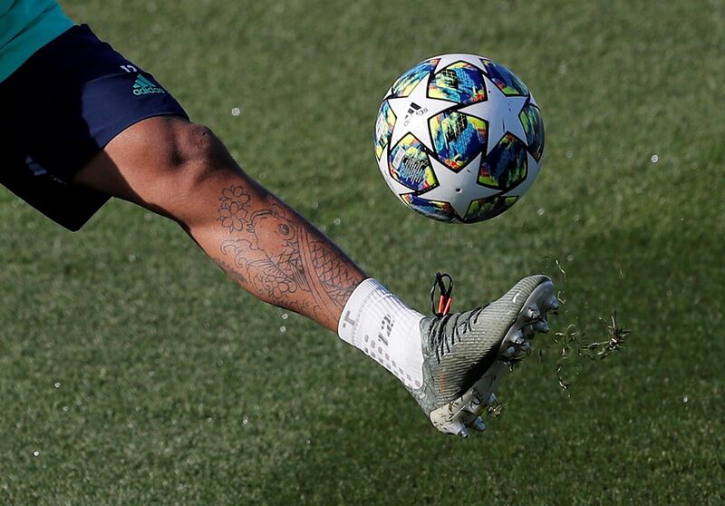 General view of a tattoo on the leg of Real Madrid's Marcelo. Reuters