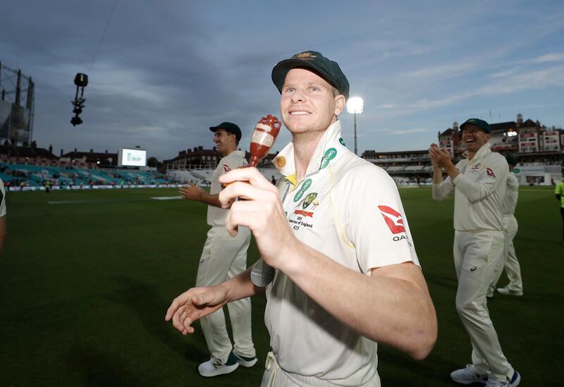 LONDON, ENGLAND - SEPTEMBER 15: Steve Smith of Australia celebrates with the Urn after Australian drew the series to retain the Ashes during day four of the 5th Specsavers Ashes Test between England and Australia at The Kia Oval on September 15, 2019 in London, England. (Photo by Ryan Pierse/Getty Images)