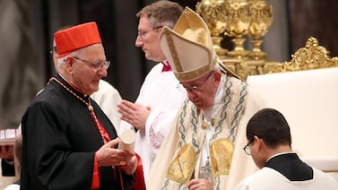 Cardinal Louis Sako with the Pope at the Vatican in June 2018. Cardinal Sako has accused Iraq's President of siding with militia leader Rayan Al Kildani. Getty Images