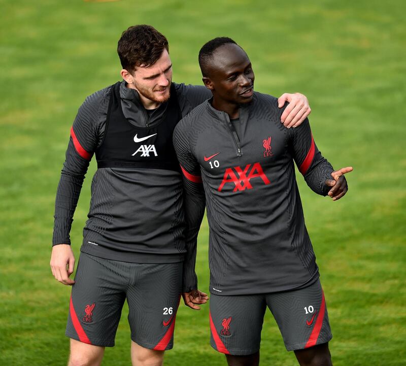 LIVERPOOL, ENGLAND - SEPTEMBER 16: (THE SUN OUT, THE SUN ON SUNDAY OUT) Sadio Mane and Andy Robertson of Liverpool during a training session at Melwood Training Ground on September 16, 2020 in Liverpool, England. (Photo by Andrew Powell/Liverpool FC via Getty Images)