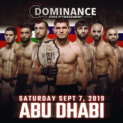 UFC fighters under the Dominance MMA banner that fought at UFC 242, led by unbeaten lightweight champion Khabib Nurmagomedov, centre. Courtesy Ali Abdelaziz