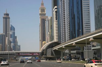 Cars near a metro station on Sheikh Zayed Highway in Dubai. AP