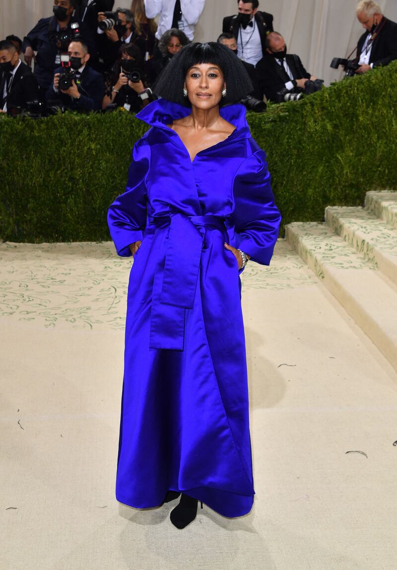 Tracee Ellis Ross wears blue Balenciaga to the 2021 Met Gala. EPA