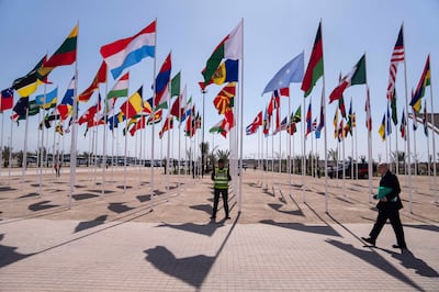The convention centre hosting the IMF and World Bank annual meetings in Marrakech, Morocco. AP