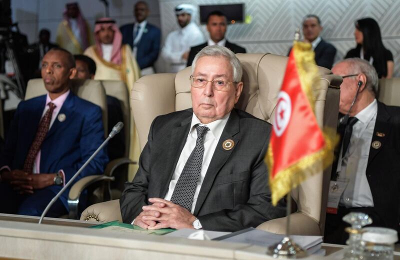 Algerian Senate Speaker Abdelkader Bensalah attends the opening session of the 30th Arab League summit in the Tunisian capital Tunis on March 31, 2019.  / AFP / POOL / FETHI BELAID
