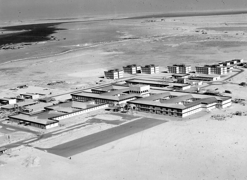 Aerial view of Rashid Hospital, sometimes referred to as Health City. The hospital was one of Dubai’s first drive-to destinations. Courtesy John R. Harris Library.