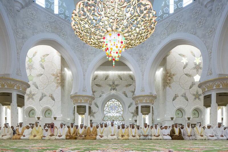 Sheikh Mohammed bin Zayed, Crown Prince of Abu Dhabi and Deputy Supreme Commander of the Armed Forces, attends Eid Al Adha prayers at the Sheikh Zayed Grand Mosque. He is seen with Sheikh Mansour bin Zayed, Deputy Prime Minister and Minister of Presidential Affairs, Sheikh Saif bin Zayed, Deputy Prime Minister and Minister of Interior, Sheikh Abdullah bin Zayed, Minister of Foreign Affairs and International Cooperation, Sheikh Tahnoon bin Zayed, National Security Adviser, Sheikh Nahyan bin Mubarak, Minister of Culture and Knowledge Development, Sheikh Hamed bin Zayed, Chairman of the Crown Prince Court of Abu Dhabi, Sheikh Nahyan bin Zayed, Chairman of the Board of Trustees of Zayed bin Sultan Al Nahyan Charitable and Humanitarian Foundation, Sheikh Issa bin Zayed, Sheikh Saeed bin Zayed, Abu Dhabi Ruler’s Representative, Sheikh Hazza bin Zayed, Vice Chairman of the Abu Dhabi Executive Council, Sheikh Saif bin Mohammed, Sheikh Suroor bin Mohammed, Sheikh Mohammed bin Butti Al Hamed, and other dignitaries. Ryan Carter / Crown Prince Court – Abu Dhabi