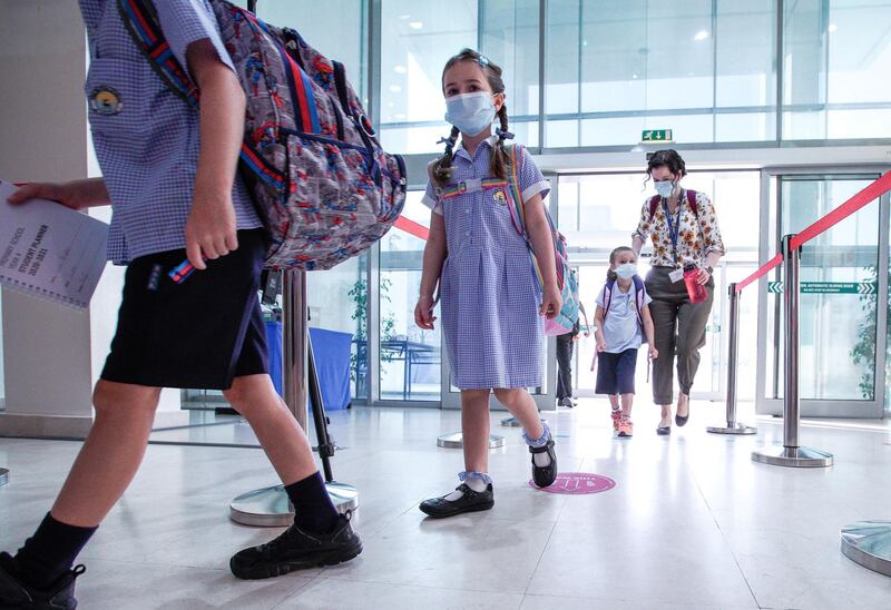 Abu Dhabi, United Arab Emirates, September 28, 2020.  First day back to classes on the reopening of British School Al Khubayrat, with Covid-19 protocols for the safety of  students, faculty and parents.  Victor Besa/The National
Section:  NA
Reporter:  Haneen Dajani