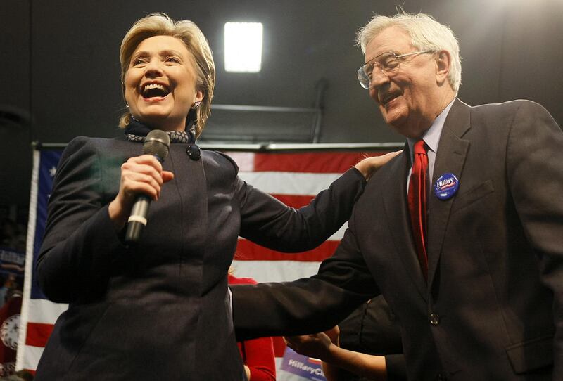 Mondale joins Hillary Clinton on stage during an event at Augsburg College in Minneapolis, Minnesota. AFP