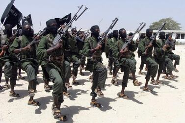 Al Shabab fighters perform military drills in the Lafofe area. about 18 kilometres south of Somalia's capital, Mogadishu, in 2015. AP Photo