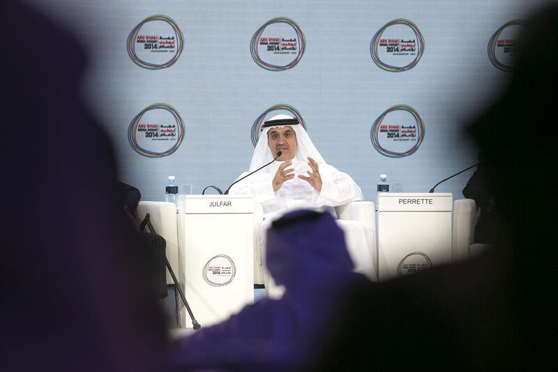 Ahmad Abdulkarim Julfar, CEO of Etisalat Group, talks at the Abu Dhabi Media Summit. Silvia Razgova / The National

