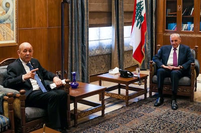 French special envoy Jean-Yves Le Drian, left, speaks during a meeting with Lebanon's Speaker of the Parliament Nabih Berri in Beirut earlier this week. AFP