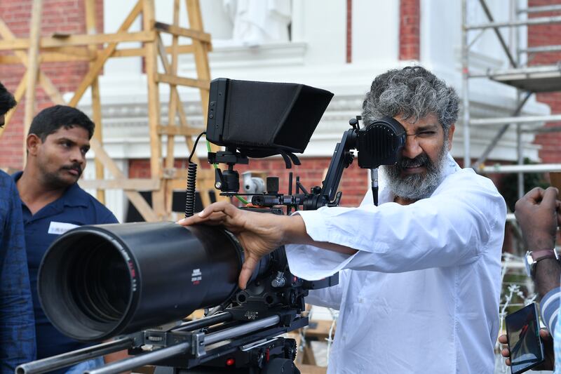 Director Rajamouli on the set of RRR. Photo: DVV Entertainment