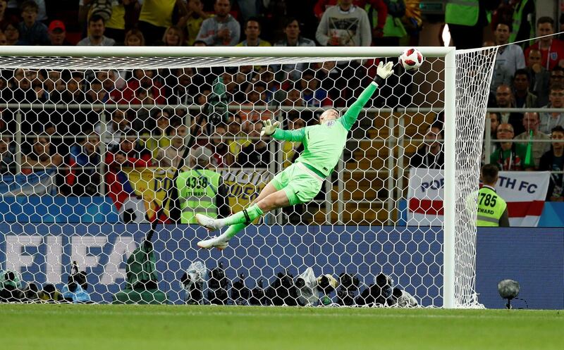 England's Jordan Pickford makes a spectacular save in injury time to deny Colombia's Mateus Uribe. John Sibley / Reuters
