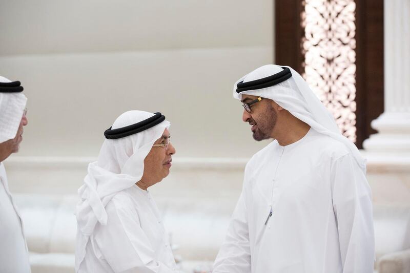 ABU DHABI, UNITED ARAB EMIRATES - June 29, 2015: HH Sheikh Mohamed bin Zayed Al Nahyan Crown Prince of Abu Dhabi and Deputy Supreme Commander of the UAE Armed Forces (R), greets Ibrahim Al Abed, Advisor at the UAE National Media Council (L), while receiving a delegation of UAE media representatives, at Al Bateen palace.
( Ryan Carter / Crown Prince Court - Abu Dhabi )
--- *** Local Caption ***  20150629RC_C142218.jpg