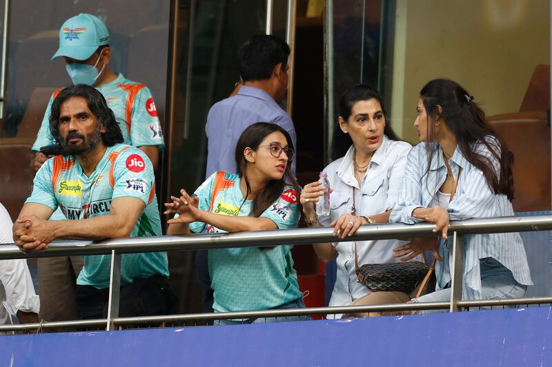 Actor Suniel Shetty with his family during the match between Rajasthan Royals and Lucknow Super Giants at the Wankhede Stadium in Mumbai. Sportzpics for IPL