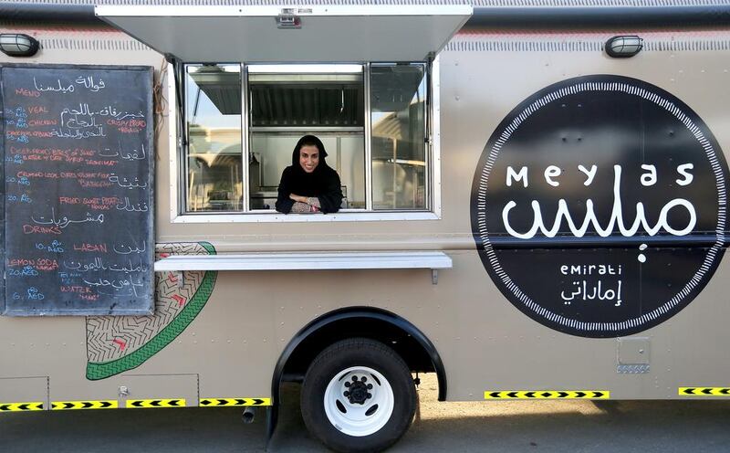 Emirati Shaikha Al Kaabi with her Meylas Food Truck which serves Emirati cuisine. Ravindranath K / The National