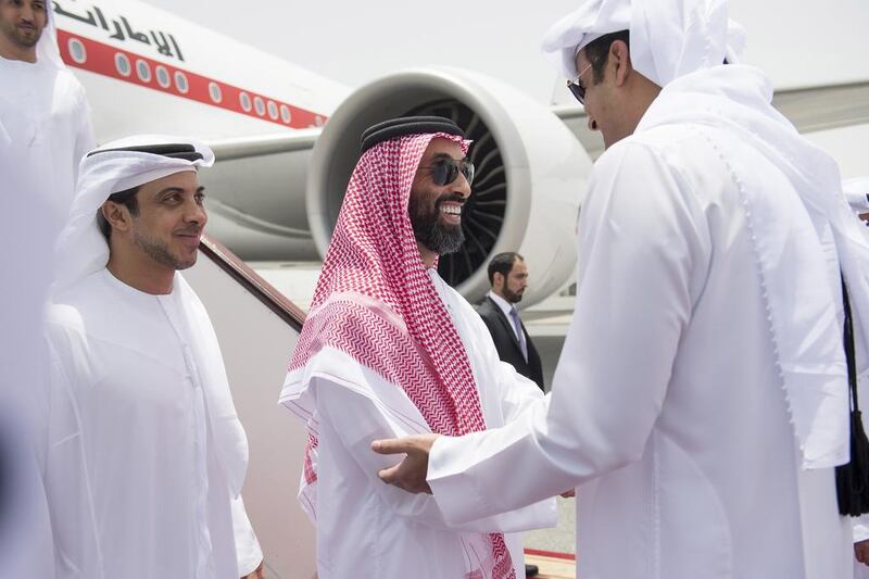 Sheikh Tahnoun bin Zayed, National Security Adviser, is received by Sheikh Tamim bin Hamad Al Thani. With them is Sheikh Mansour bin Zayed. Rashed Al Mansoori / Crown Prince Court - Abu Dhabi